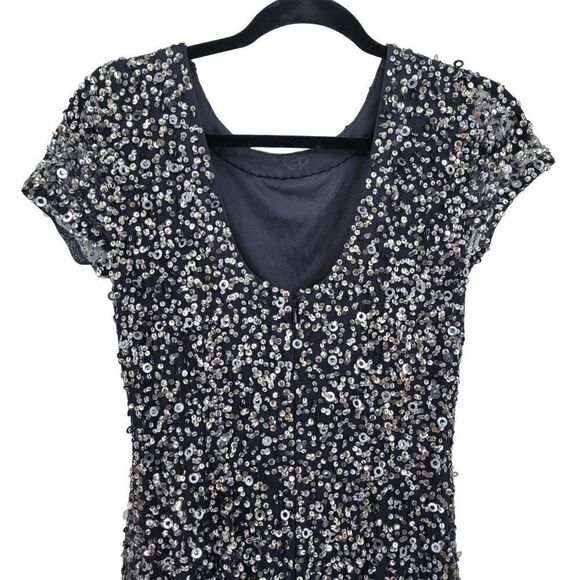 Adrianna Papell Gown Formal Holiday Sequined Fishtail Bustle Train Navy Silver 6 - Picture 10 of 17